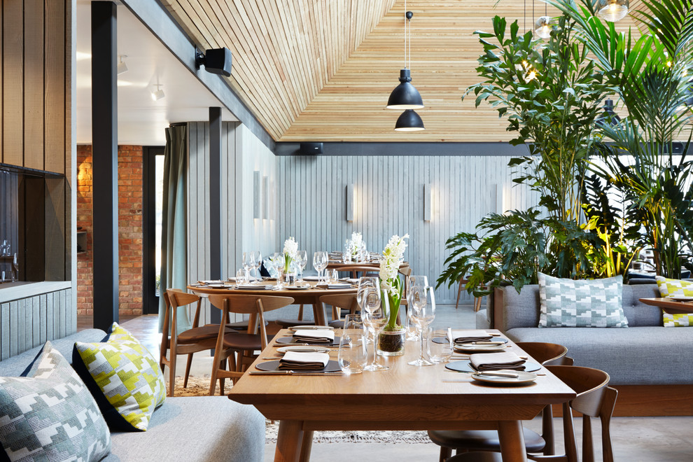 Свежая идея для дизайна: большая кухня-столовая в скандинавском стиле с серыми стенами, бетонным полом и серым полом - отличное фото интерьера