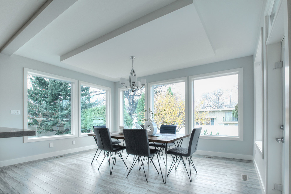 Foto di una grande sala da pranzo aperta verso il soggiorno minimalista con pareti grigie e pavimento in laminato