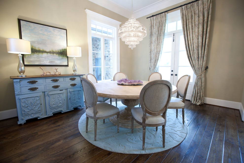 Inspiration for a shabby-chic style dark wood floor dining room remodel in Houston with beige walls