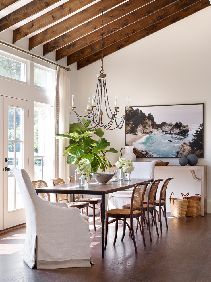 Dining room - transitional medium tone wood floor dining room idea in Atlanta with white walls