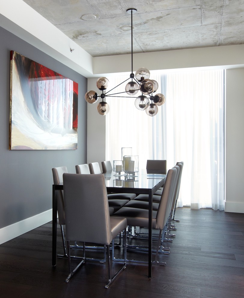 Immagine di una sala da pranzo aperta verso il soggiorno contemporanea di medie dimensioni con pareti grigie, parquet scuro e pavimento marrone
