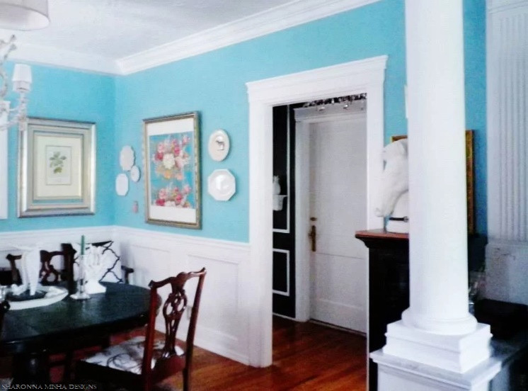 Kitchen/dining room combo - traditional medium tone wood floor kitchen/dining room combo idea in Miami with blue walls