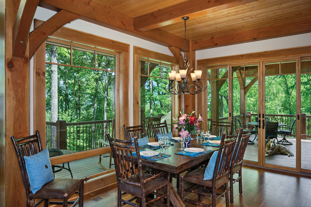 Inspiration for a rustic medium tone wood floor dining room remodel in Other with no fireplace
