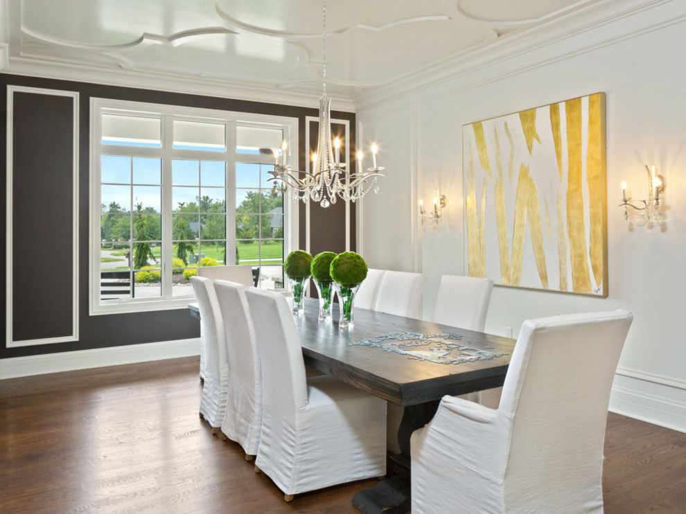 Inspiration for a large classic enclosed dining room in Cincinnati with white walls, medium hardwood flooring, no fireplace and brown floors.