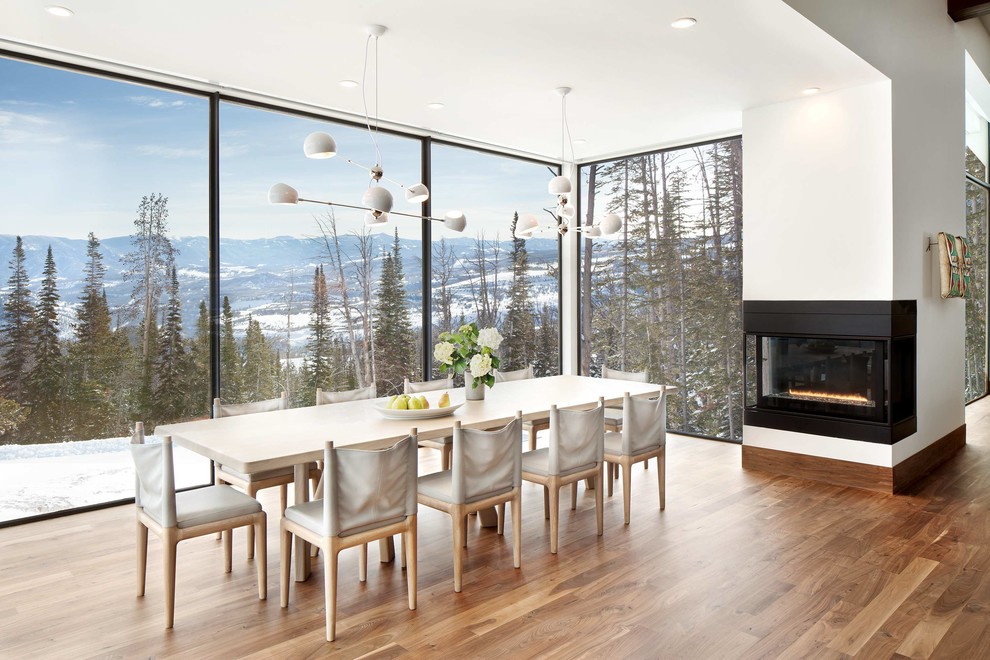 Photo of a contemporary open plan dining room in Other with white walls, medium hardwood flooring, a standard fireplace, a metal fireplace surround and brown floors.