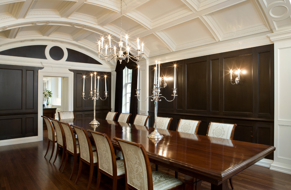 Inspiration for a large timeless dark wood floor enclosed dining room remodel in Toronto with brown walls and no fireplace