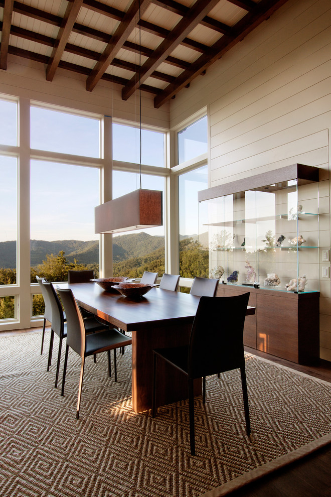 Enclosed dining room - mid-sized contemporary dark wood floor enclosed dining room idea in Other with white walls and no fireplace