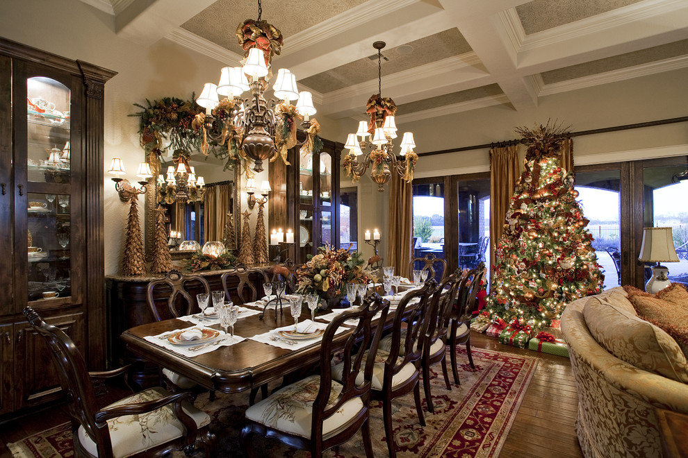 Inspiration for a victorian dark wood floor dining room remodel in Austin with beige walls