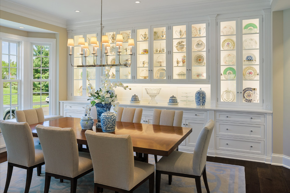 Enclosed dining room - mid-sized traditional dark wood floor enclosed dining room idea in Cincinnati with beige walls and no fireplace