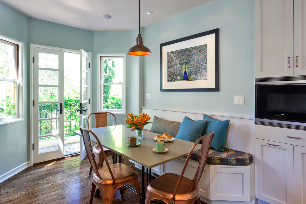 Dining room - traditional dark wood floor dining room idea in San Francisco with blue walls