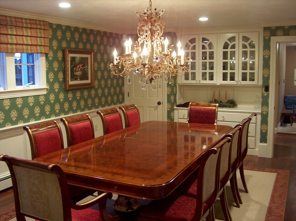 Medium sized traditional kitchen/dining room in Boston with green walls, dark hardwood flooring and no fireplace.