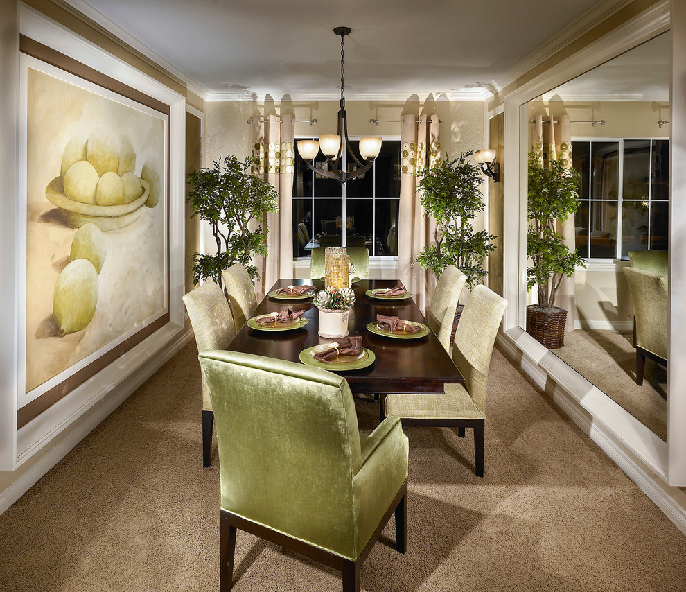 Elegant carpeted enclosed dining room photo in Other with beige walls