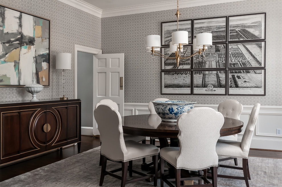 Medium sized classic enclosed dining room in Atlanta with grey walls, dark hardwood flooring and no fireplace.