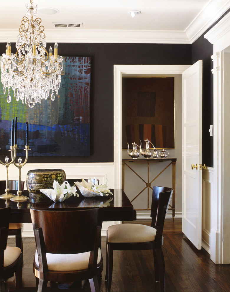 Elegant dark wood floor and brown floor dining room photo in Los Angeles with black walls