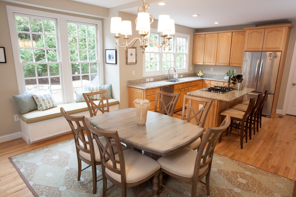 Photo of a small traditional kitchen/dining room in DC Metro with beige walls and light hardwood flooring.