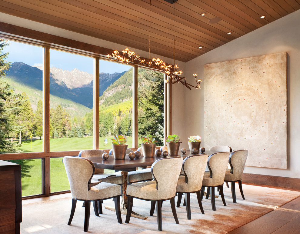Modernes Esszimmer mit grauer Wandfarbe, braunem Holzboden und braunem Boden in Denver