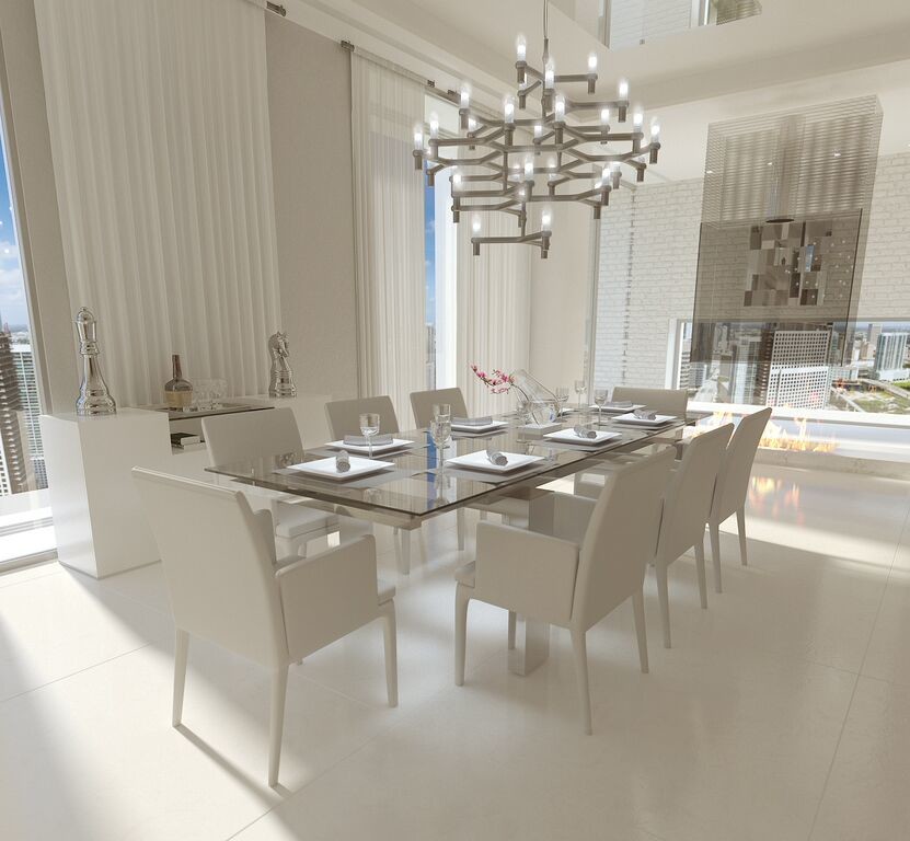 Design ideas for a contemporary dining room in Miami with white walls and ceramic flooring.
