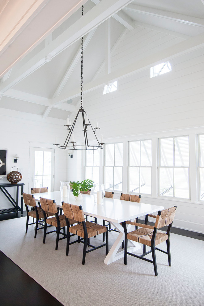 Example of a large beach style dark wood floor enclosed dining room design in Philadelphia with white walls