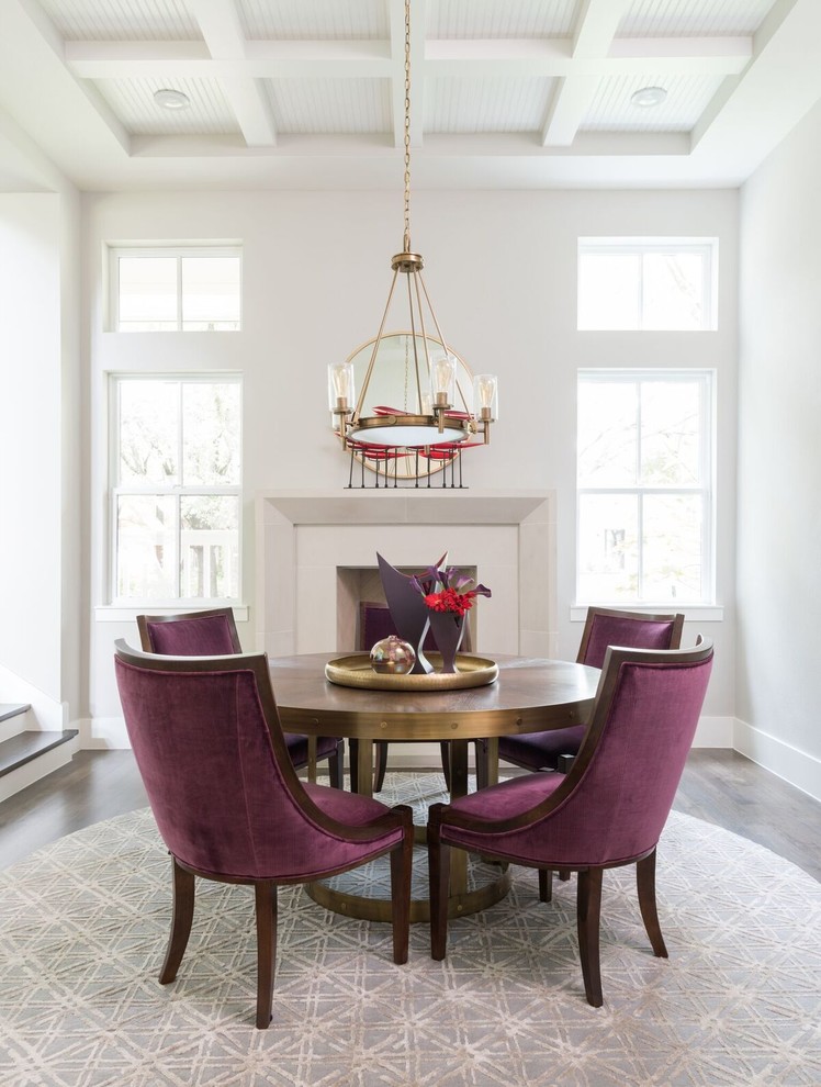 Transitional enclosed dining room photo in Dallas with gray walls and a standard fireplace