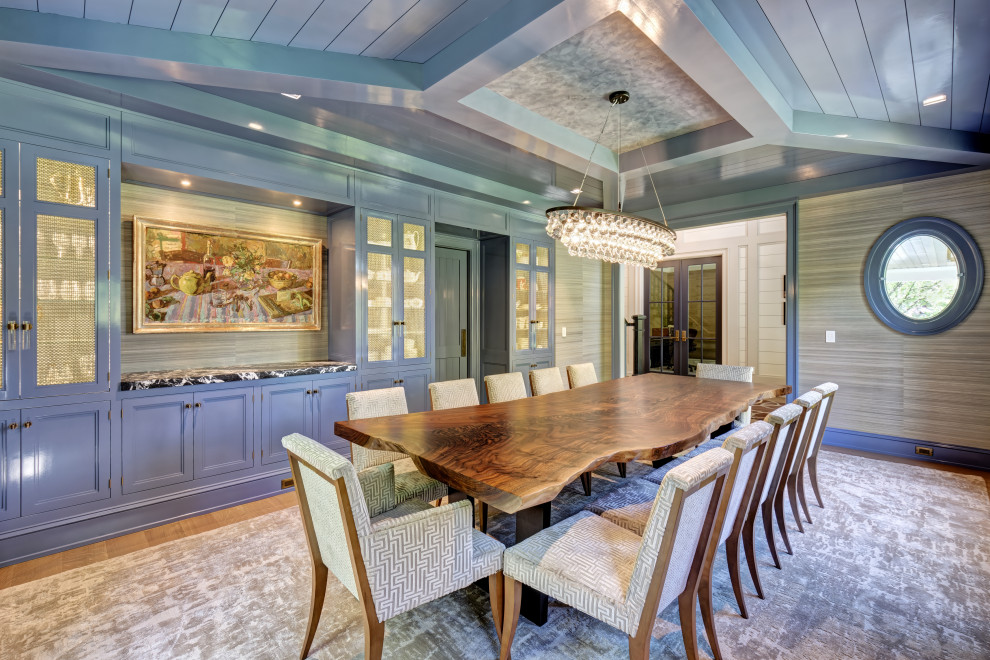 Inspiration for a transitional medium tone wood floor, brown floor, exposed beam, shiplap ceiling, vaulted ceiling and wallpaper enclosed dining room remodel in New York with brown walls and no fireplace