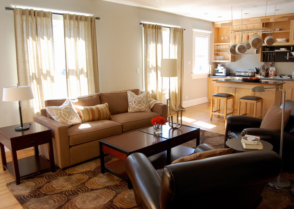 Inspiration for a transitional medium tone wood floor kitchen/dining room combo remodel in San Francisco with beige walls