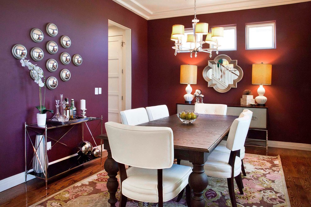 Design ideas for a medium sized traditional enclosed dining room in Denver with purple walls, dark hardwood flooring and no fireplace.