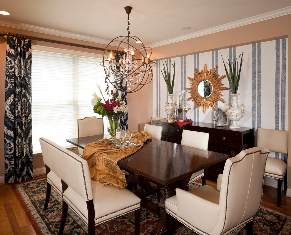 Design ideas for a contemporary dining room in Cincinnati with medium hardwood flooring and multi-coloured walls.
