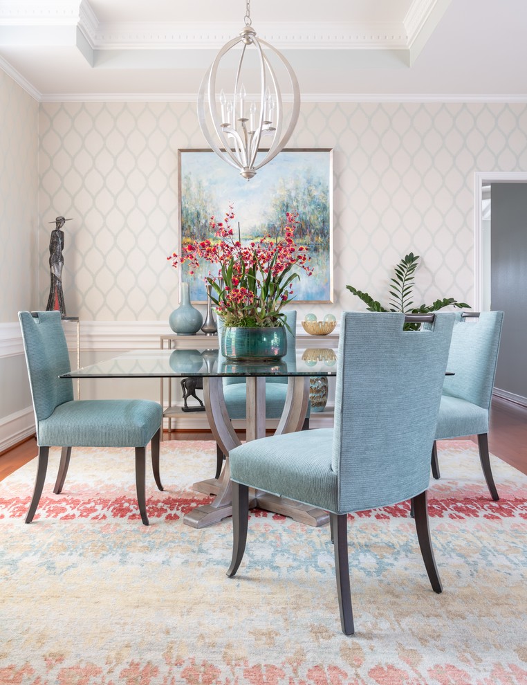 Inspiration for a classic dining room in Dallas with multi-coloured walls and no fireplace.