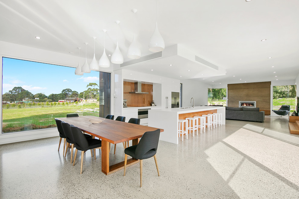 Foto di un'ampia sala da pranzo aperta verso il soggiorno contemporanea con pareti bianche e pavimento in cemento