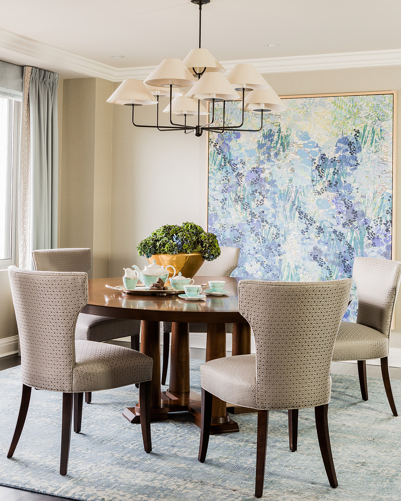 Inspiration for a mid-sized transitional open plan dining in Boston with beige walls and dark hardwood floors.