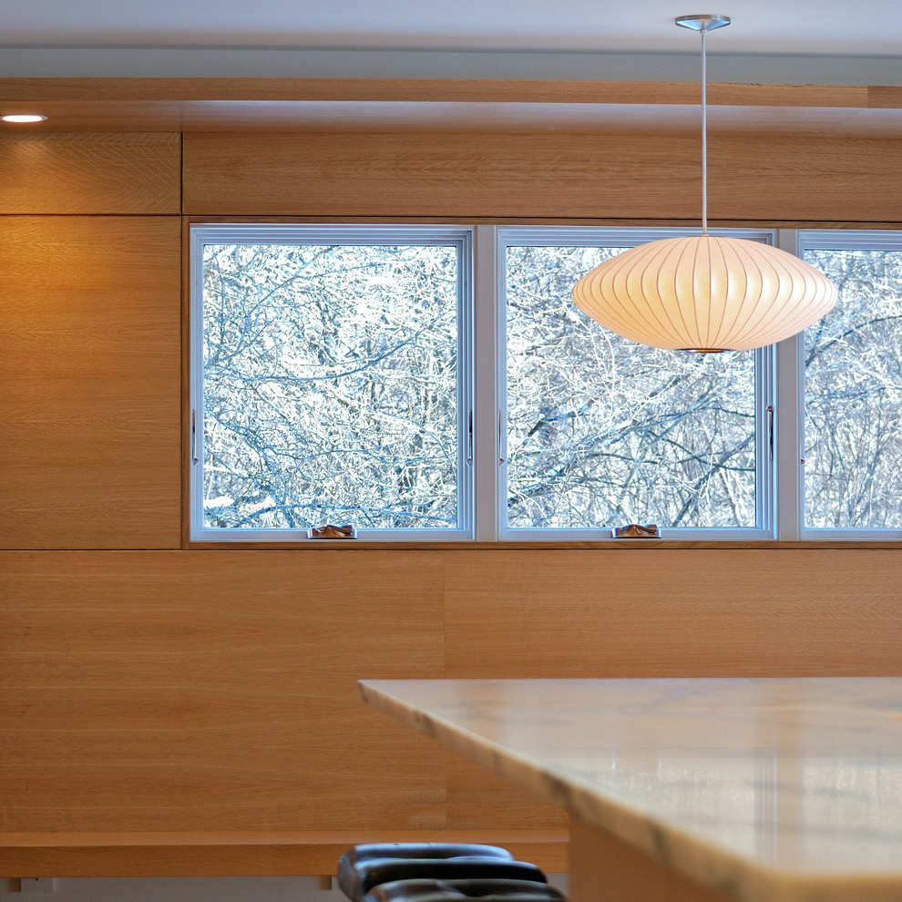 Exemple d'une salle à manger ouverte sur la cuisine moderne de taille moyenne avec un mur blanc et un sol en bois brun.