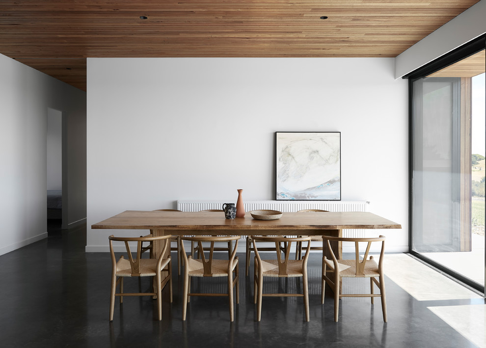 Immagine di una sala da pranzo design con pareti bianche, pavimento in cemento, nessun camino e pavimento grigio