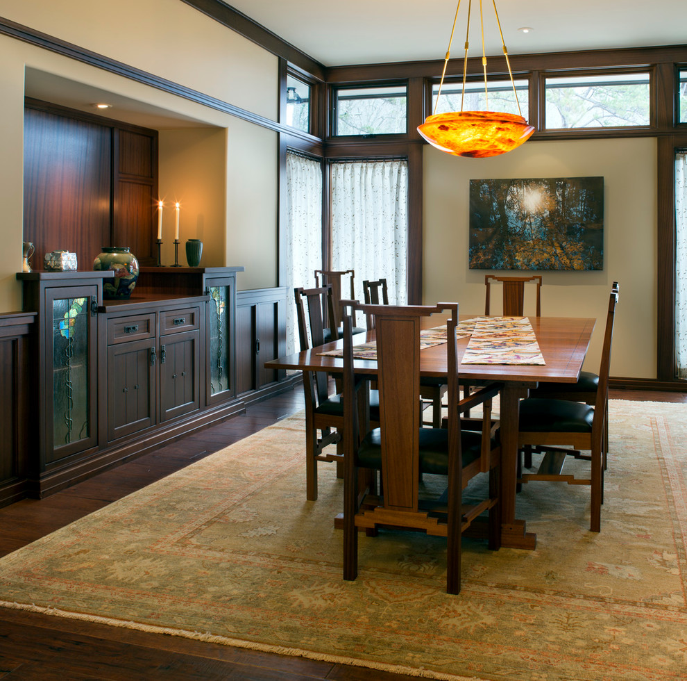 Immagine di una sala da pranzo stile americano chiusa con pareti beige e parquet scuro
