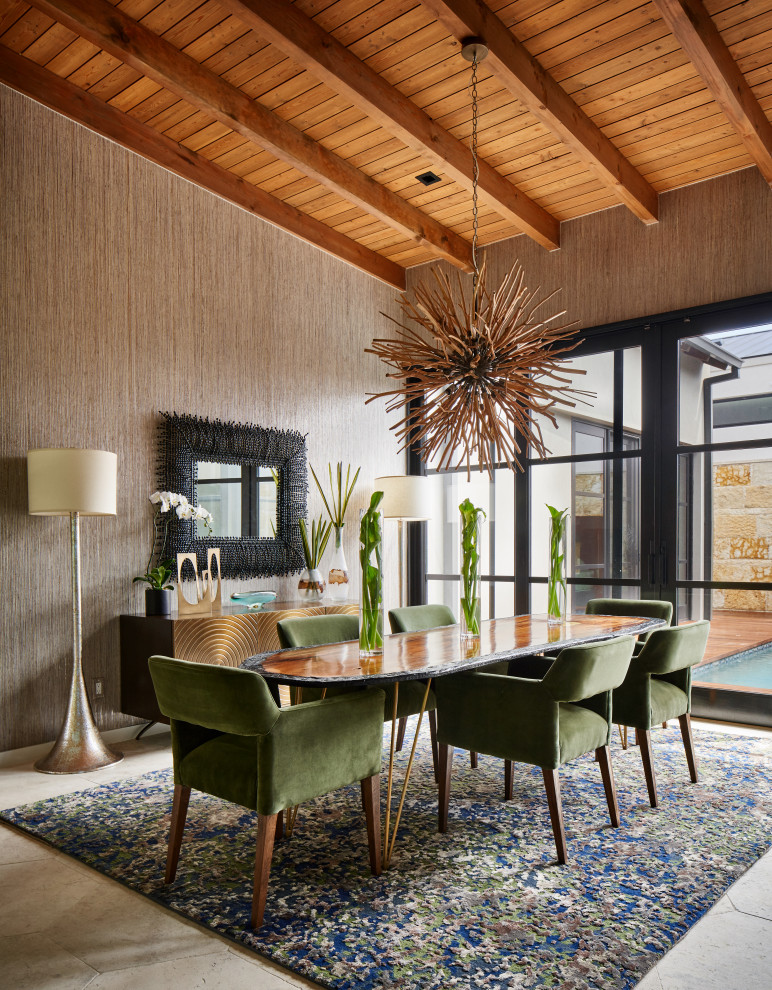 Inspiration for a contemporary dining room in Other with brown walls, no fireplace, beige floors, exposed beams, a wood ceiling and wallpapered walls.