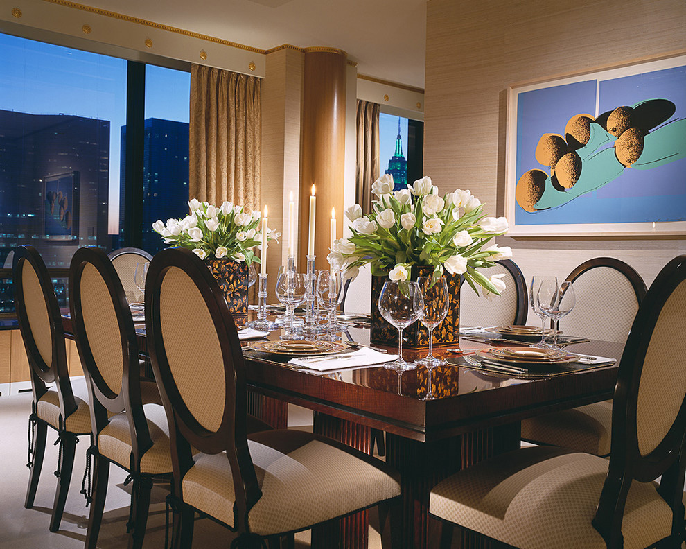 Large trendy carpeted and beige floor dining room photo in New York with beige walls
