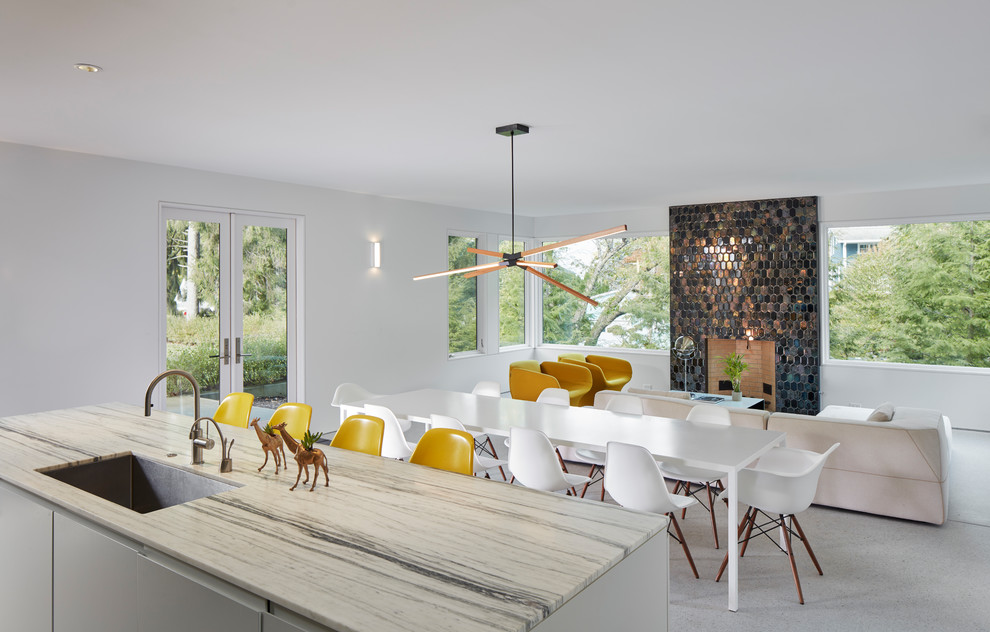Ispirazione per una sala da pranzo aperta verso il soggiorno contemporanea con pareti bianche e camino classico