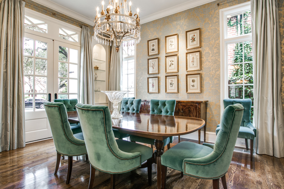 Dining room - traditional dark wood floor dining room idea in Dallas with multicolored walls