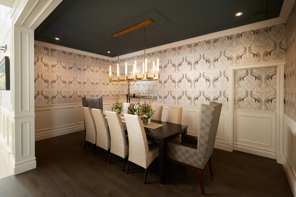 Mid-sized elegant dark wood floor and brown floor enclosed dining room photo in Edmonton with white walls