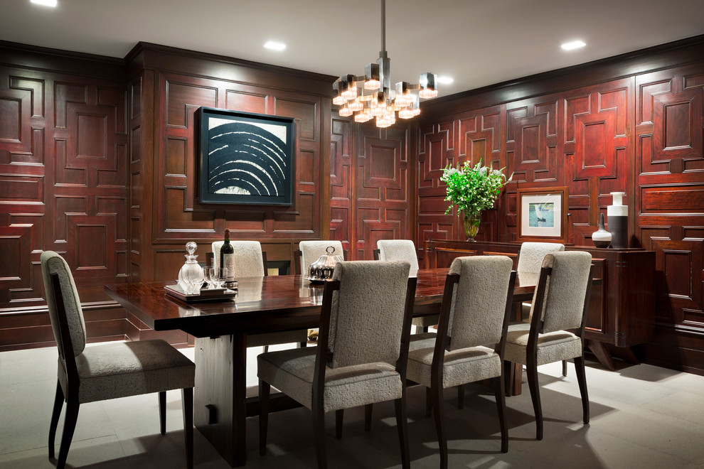 Photo of a traditional dining room in New York with brown walls.