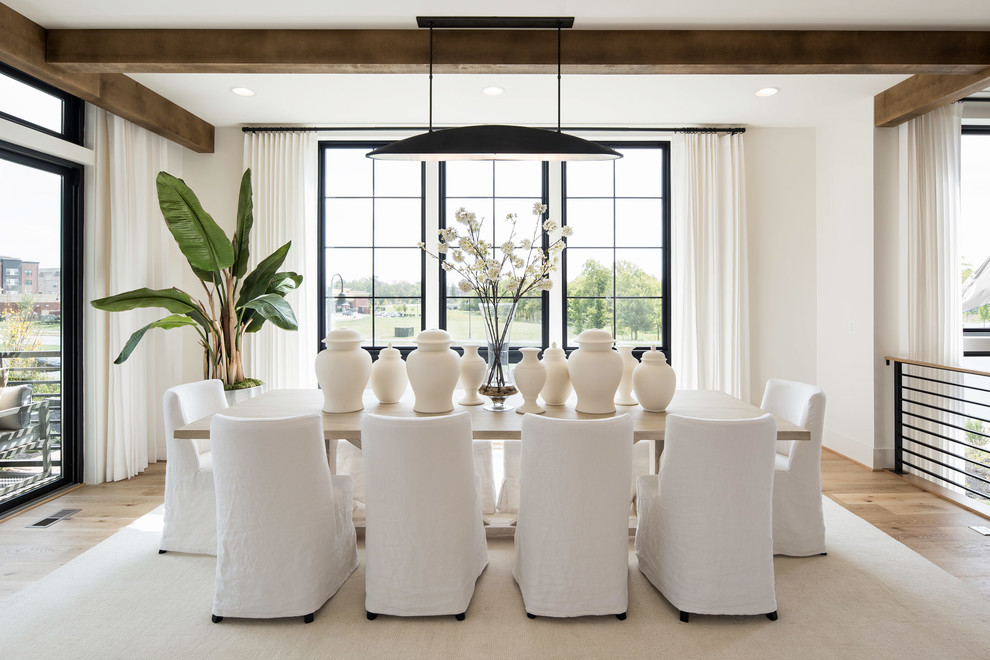 Aménagement d'une salle à manger classique avec un mur blanc, parquet clair, aucune cheminée et un sol beige.