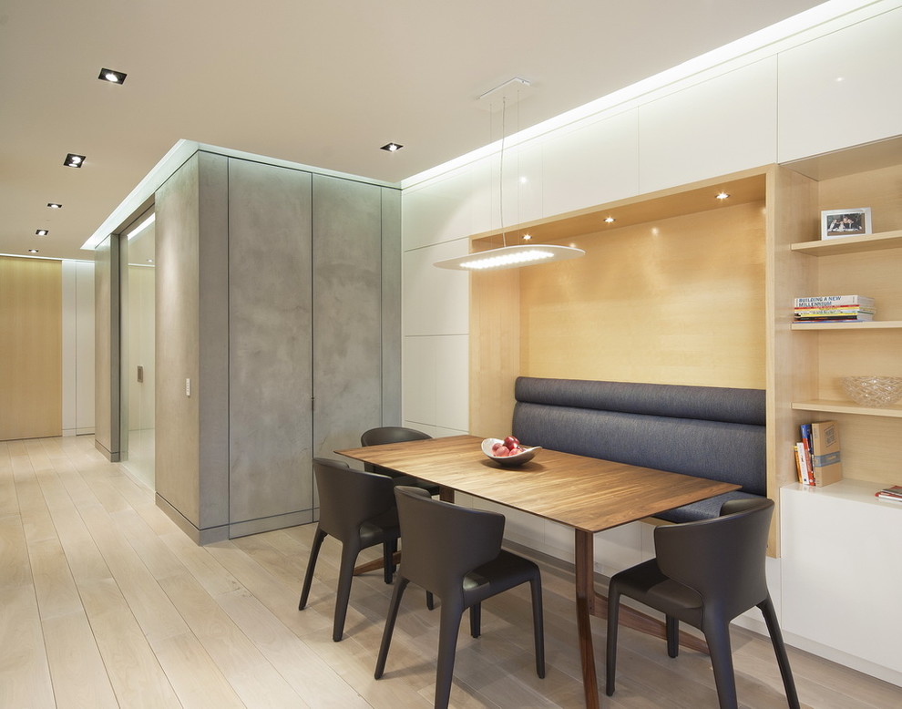 This is an example of a modern dining room in New York with white walls and light hardwood flooring.