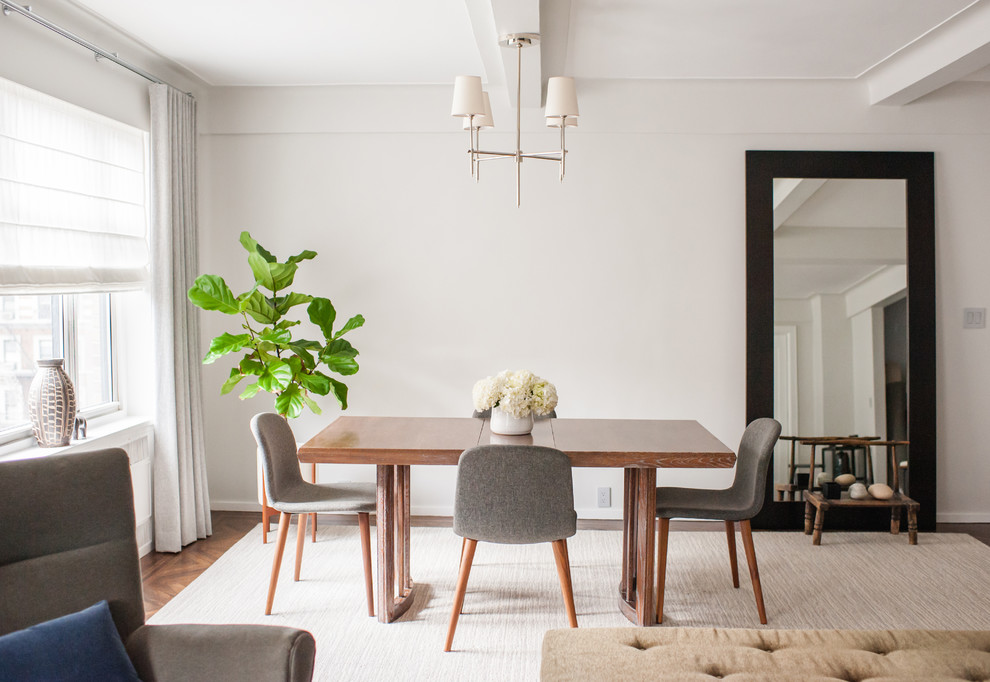 Mid-sized 1950s dark wood floor and brown floor great room photo in New York with gray walls and no fireplace