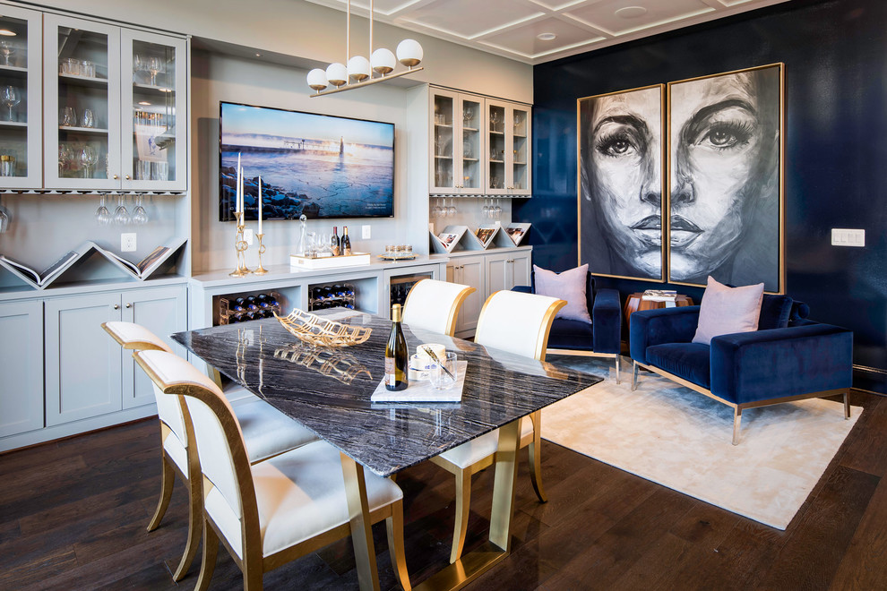 Photo of a contemporary open plan dining room in DC Metro with blue walls, dark hardwood flooring, no fireplace and brown floors.