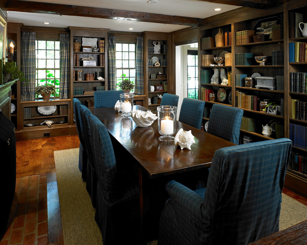 Enclosed dining room - large traditional dark wood floor enclosed dining room idea in Boston with brown walls