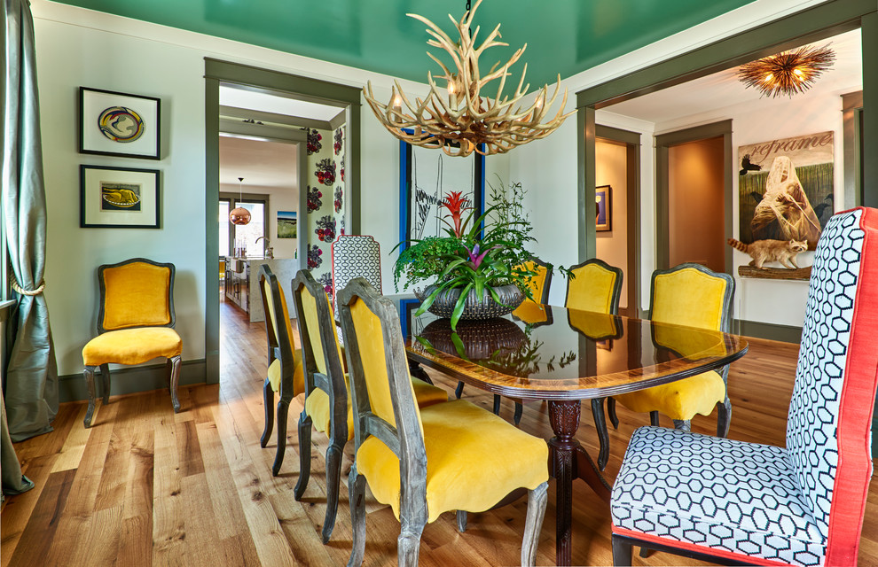 Mid-sized eclectic light wood floor dining room photo in Charlotte