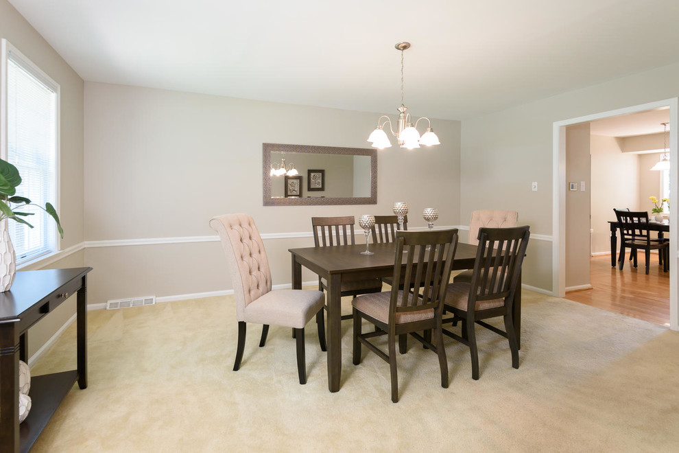 Design ideas for a medium sized classic dining room in Philadelphia with grey walls, carpet and white floors.