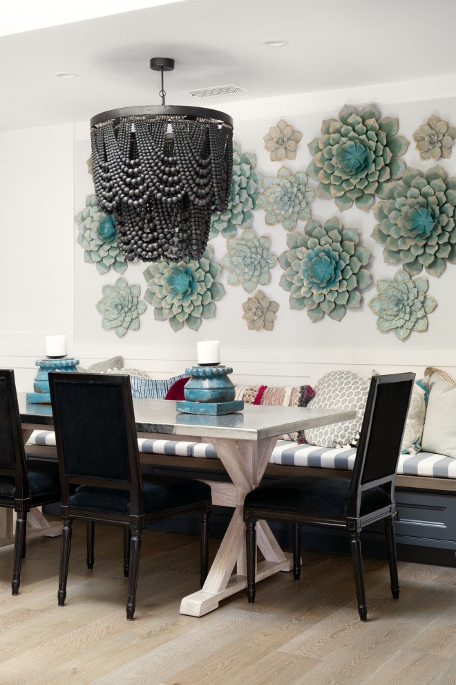 Photo of a classic dining room in San Francisco with white walls, light hardwood flooring and beige floors.