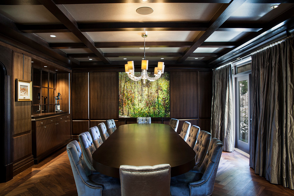 Design ideas for a large traditional enclosed dining room in Vancouver with dark hardwood flooring, brown walls and brown floors.