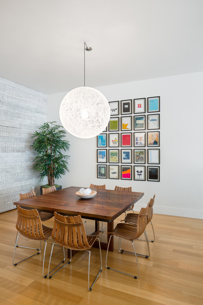 Immagine di una sala da pranzo contemporanea con pareti bianche e pavimento in legno massello medio