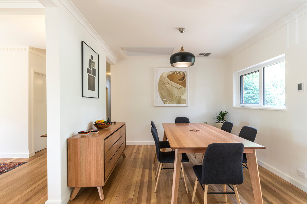 Esempio di una sala da pranzo contemporanea di medie dimensioni e chiusa con pareti bianche, pavimento in legno massello medio e pavimento marrone